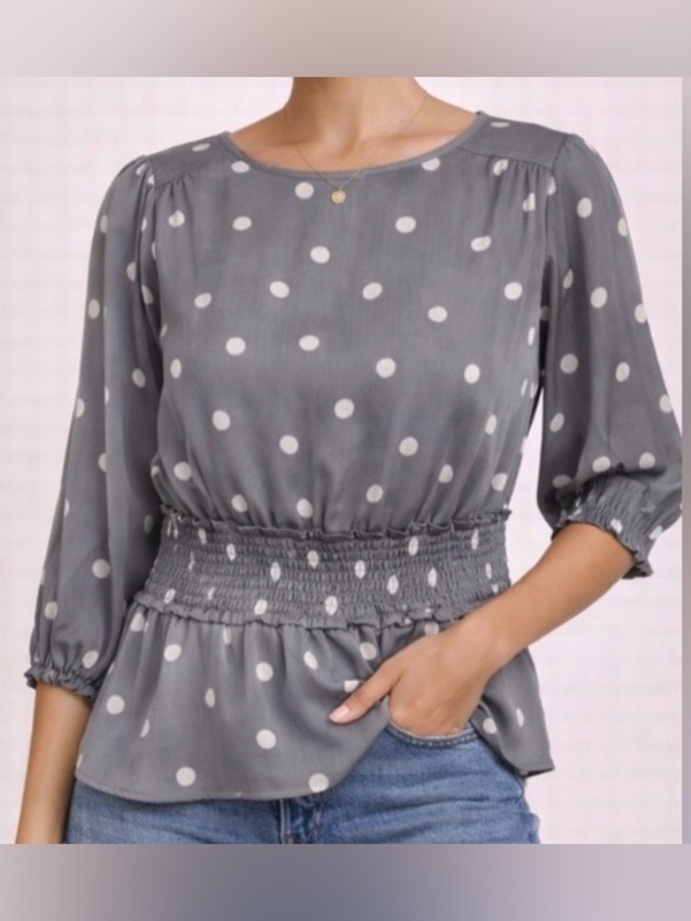 NWT Ryegrass Polka Dot Smocked Waist Grey Women's Blouse